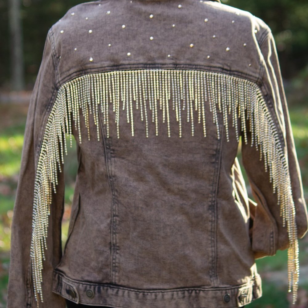UPCYCLED Denim Rhinestone Fringe Jacket - Picture 6 of 10